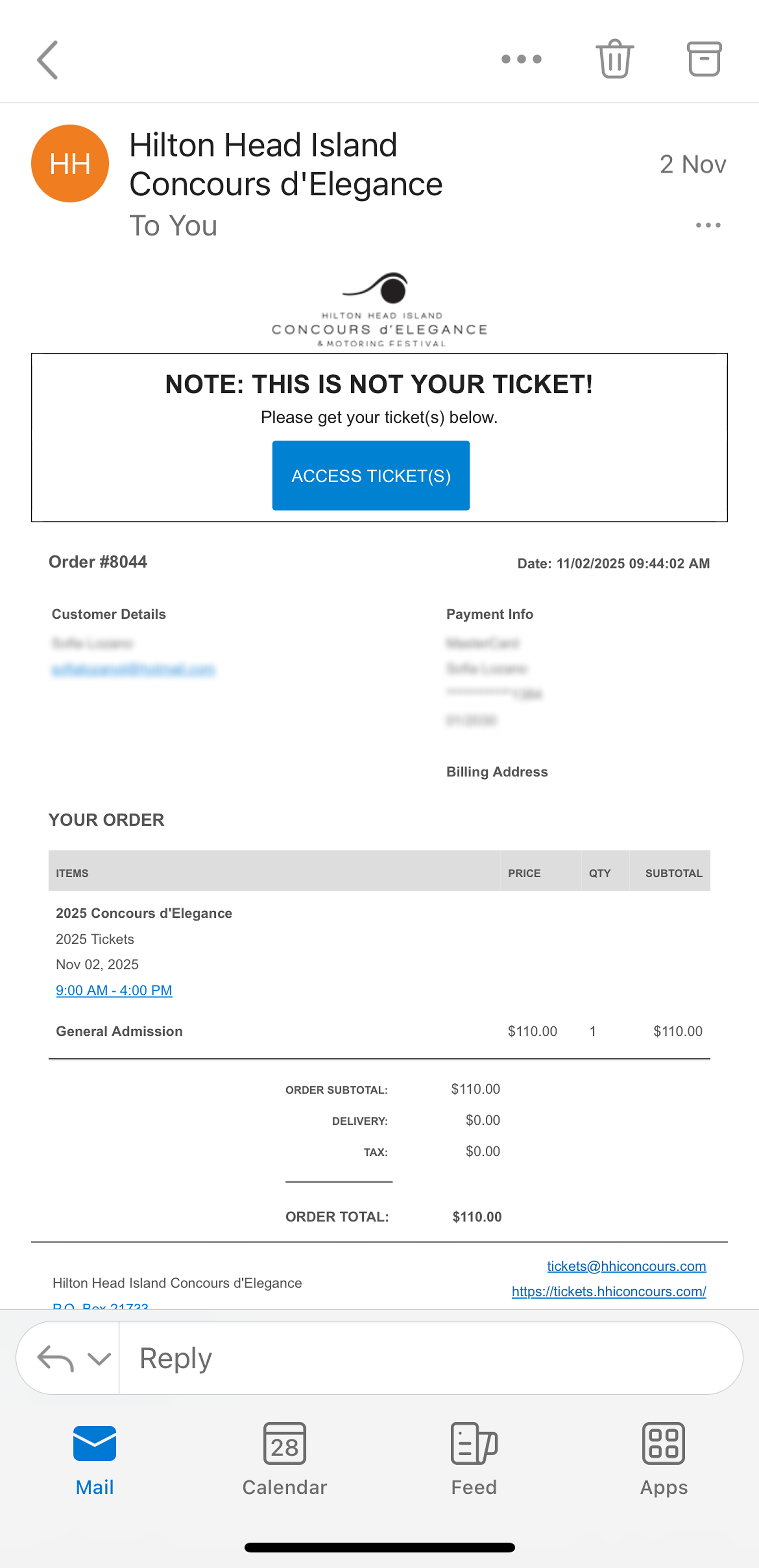 Original HHI receipt in a mobile email app, showing the ticket access button and order details