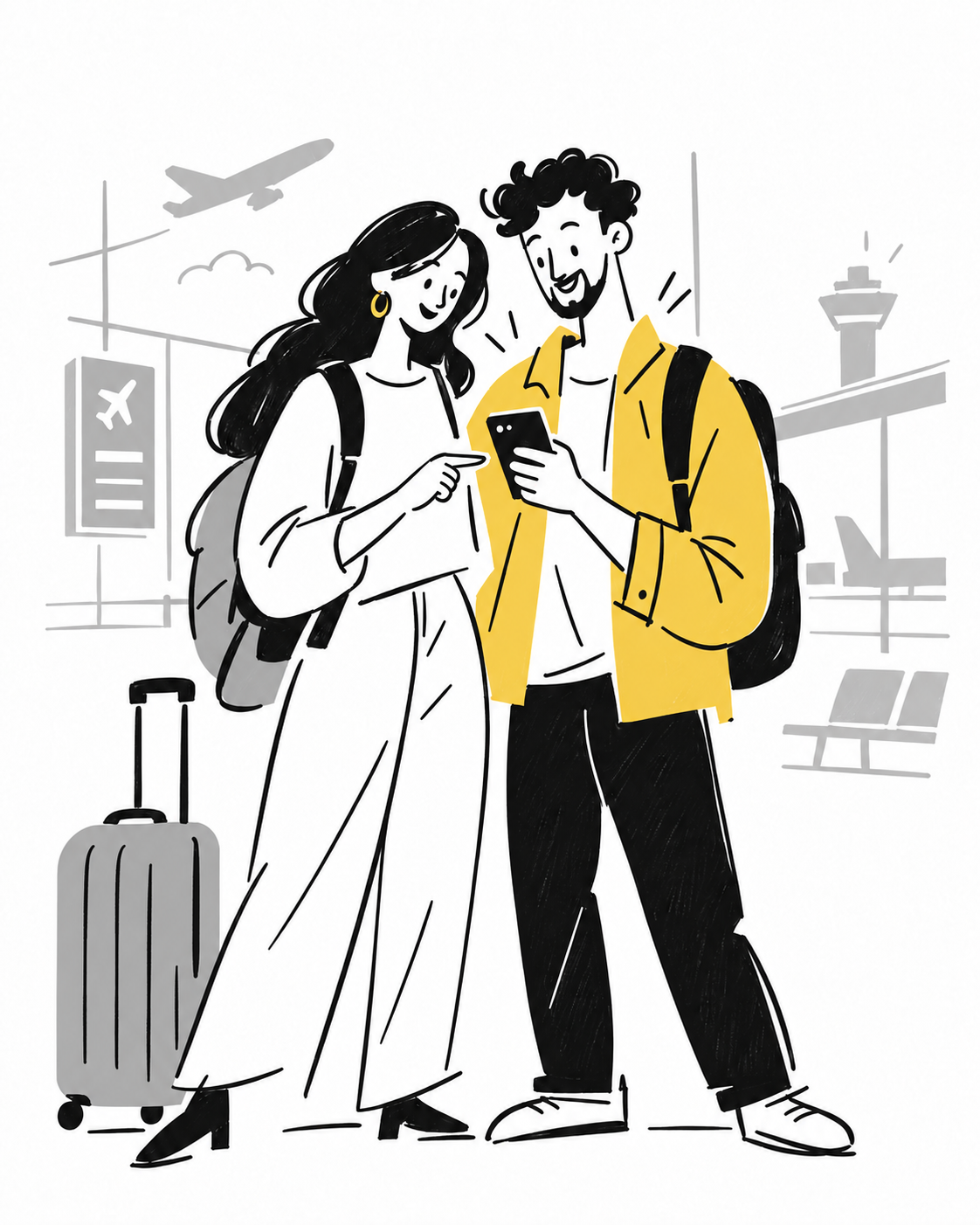 Black, gray and yellow hand-drawn illustration of two travelers with luggage looking at a phone at the airport