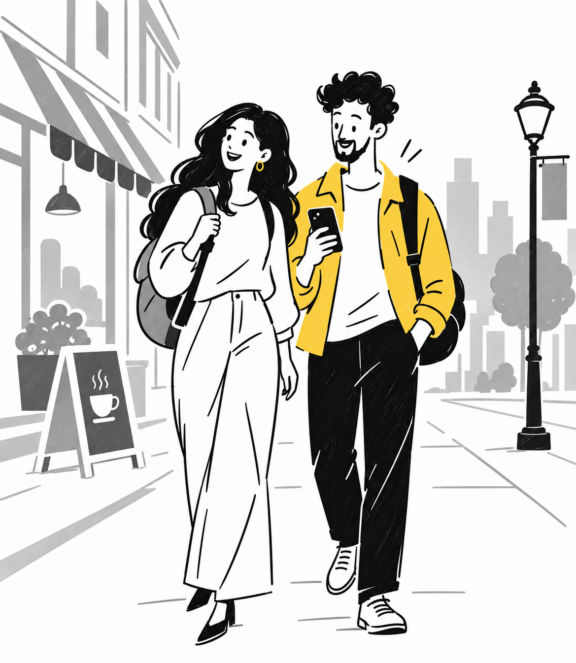 Black, gray and yellow hand-drawn illustration of two travelers checking a phone beside a café