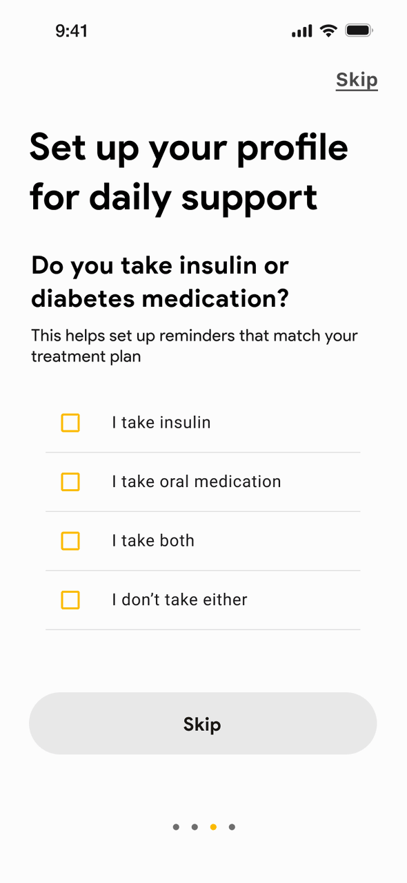 Onboarding 4 through 8: choose diabetes medication and when to take insulin