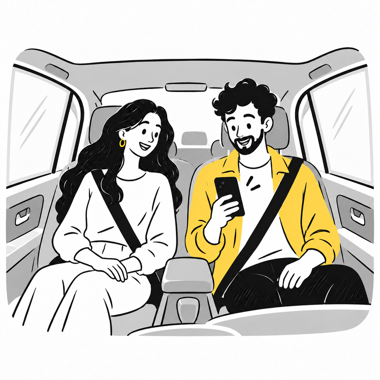 Black, gray and yellow hand-drawn illustration of two travelers wearing seatbelts in a parked car, checking a phone, with simple reflective windows