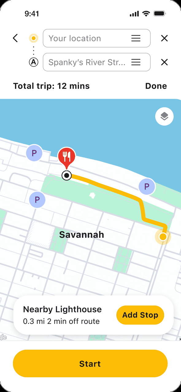 Navigation to the restaurant changes to Lighthouse details, then adds Lighthouse as a stop on the route