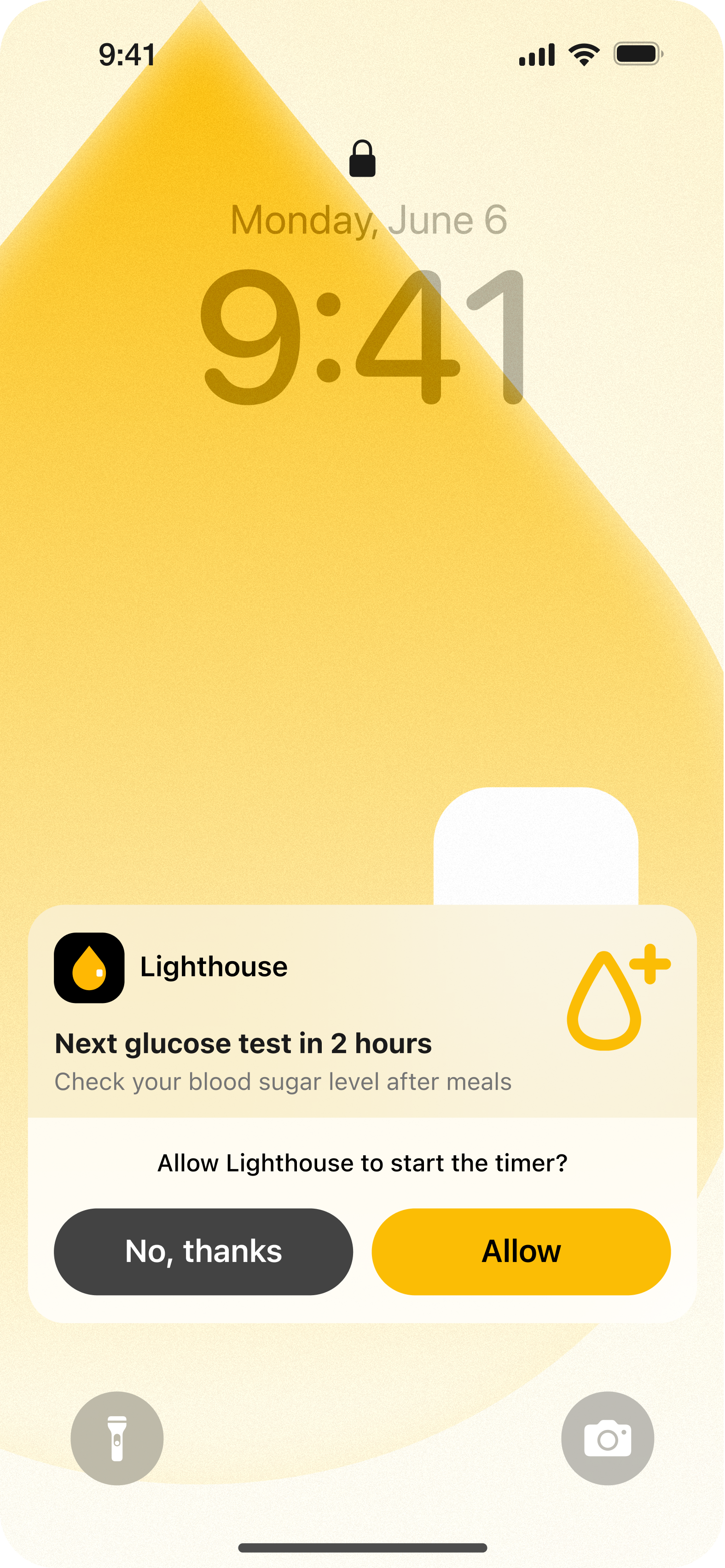 Lock screen notification: Lighthouse asks to start a post-meal glucose-check timer