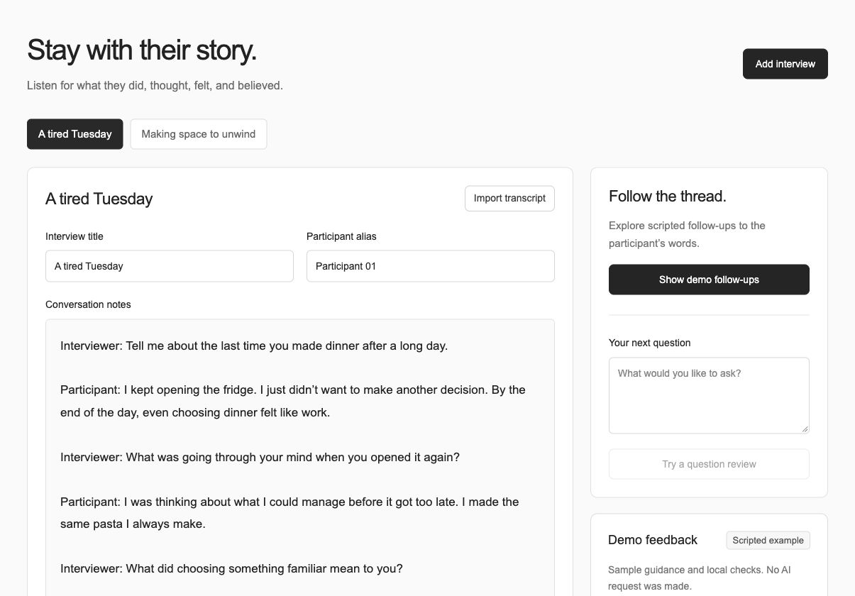 Interview notes beside neutral follow-up prompts in the fictional dinner-planning demo