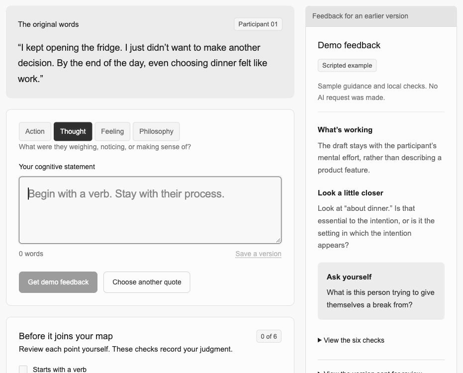 A researcher drafts a cognitive statement beside the original quote and receives feedback that asks them to reconsider their own wording