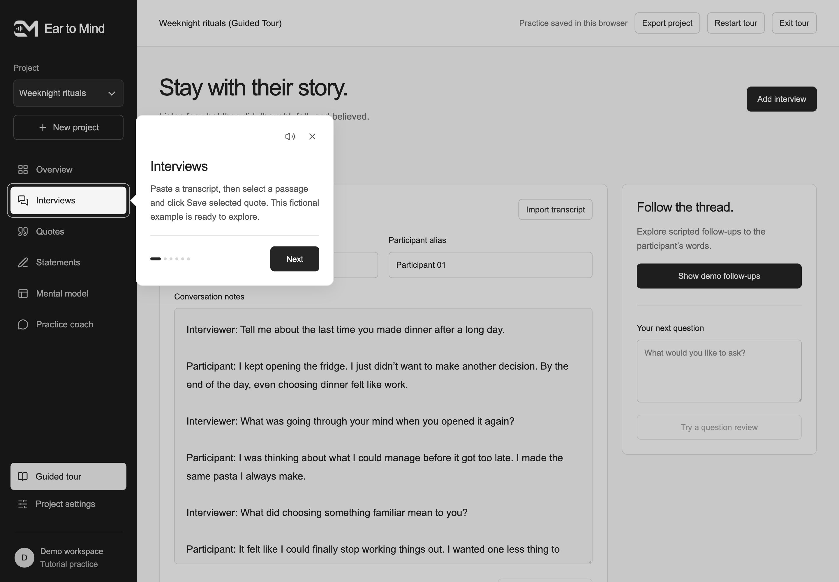 The Interviews tutorial beside the transcript and Save selected quote control