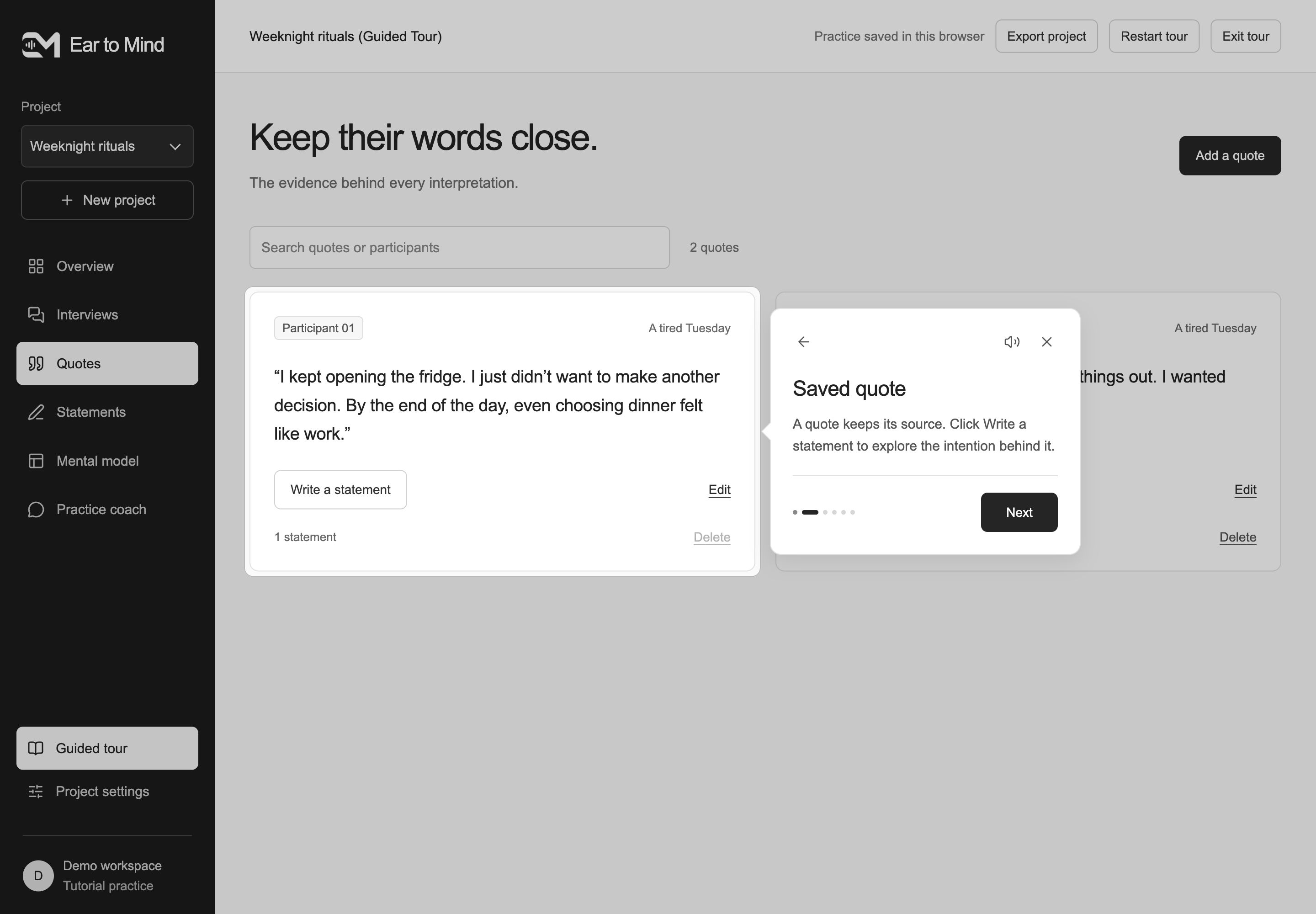 The Saved quote tutorial showing the original passage and Write a statement action