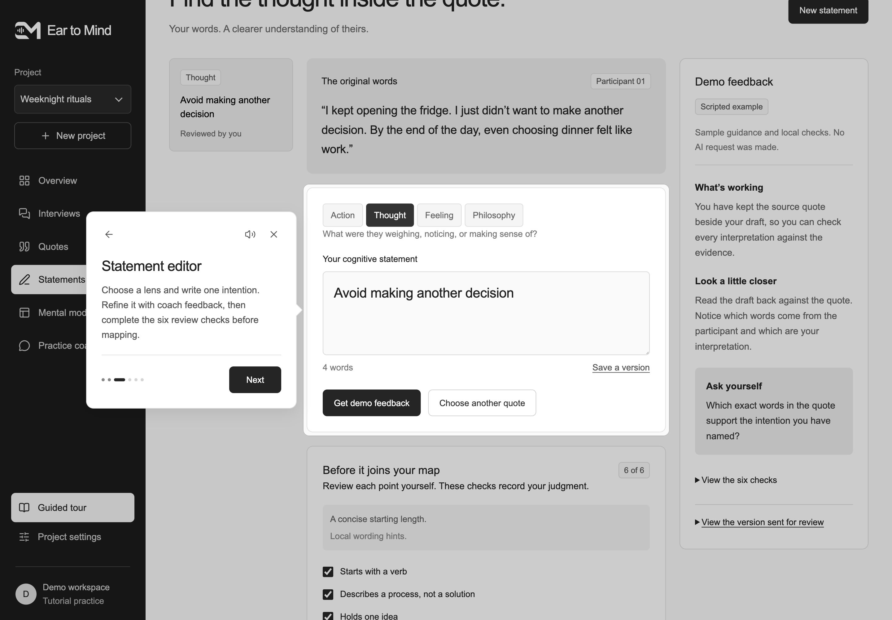 The Statement editor tutorial with the source quote, four lenses, review checks and scripted practice feedback
