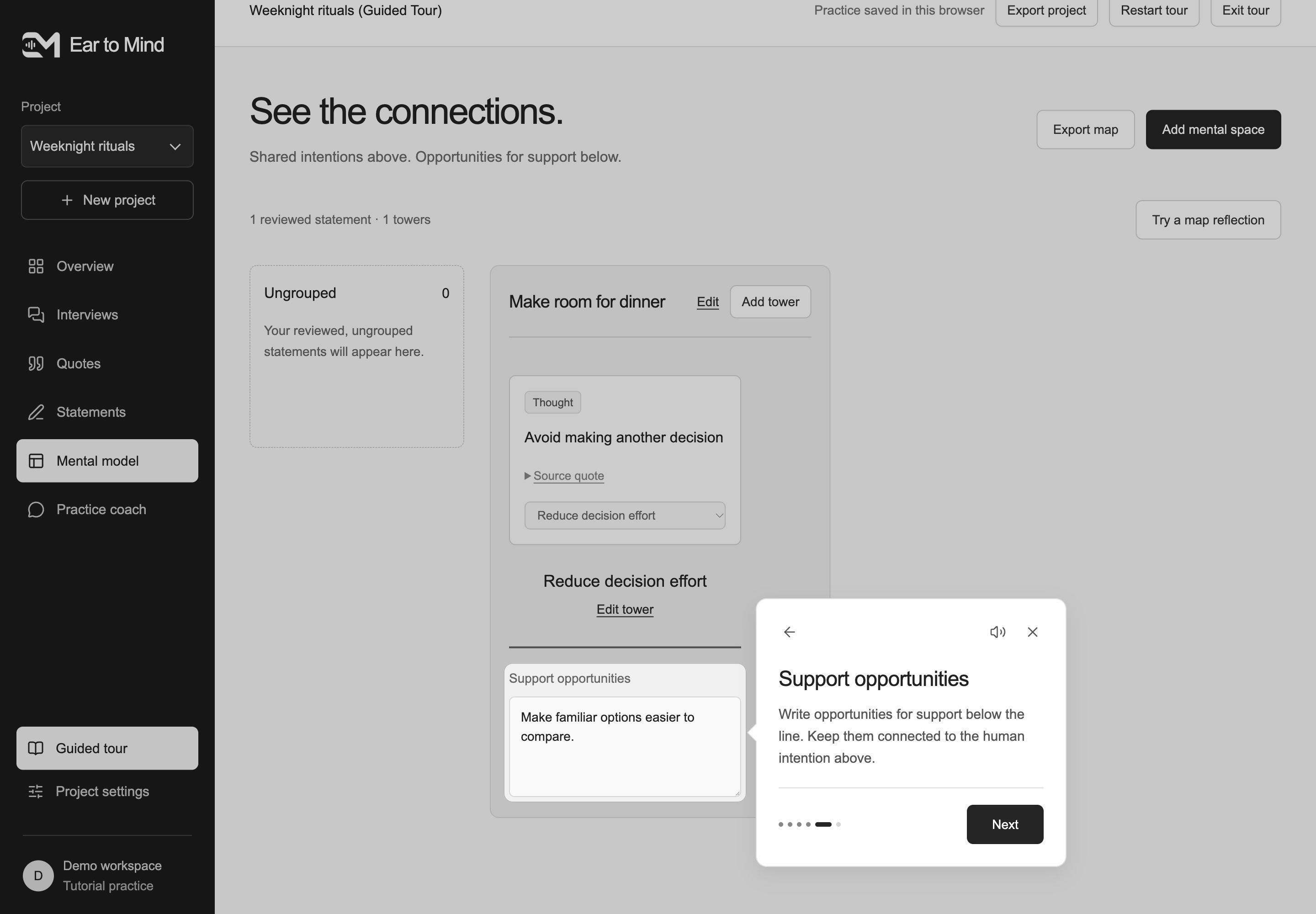 The Support opportunities tutorial highlighting the input below an intention tower