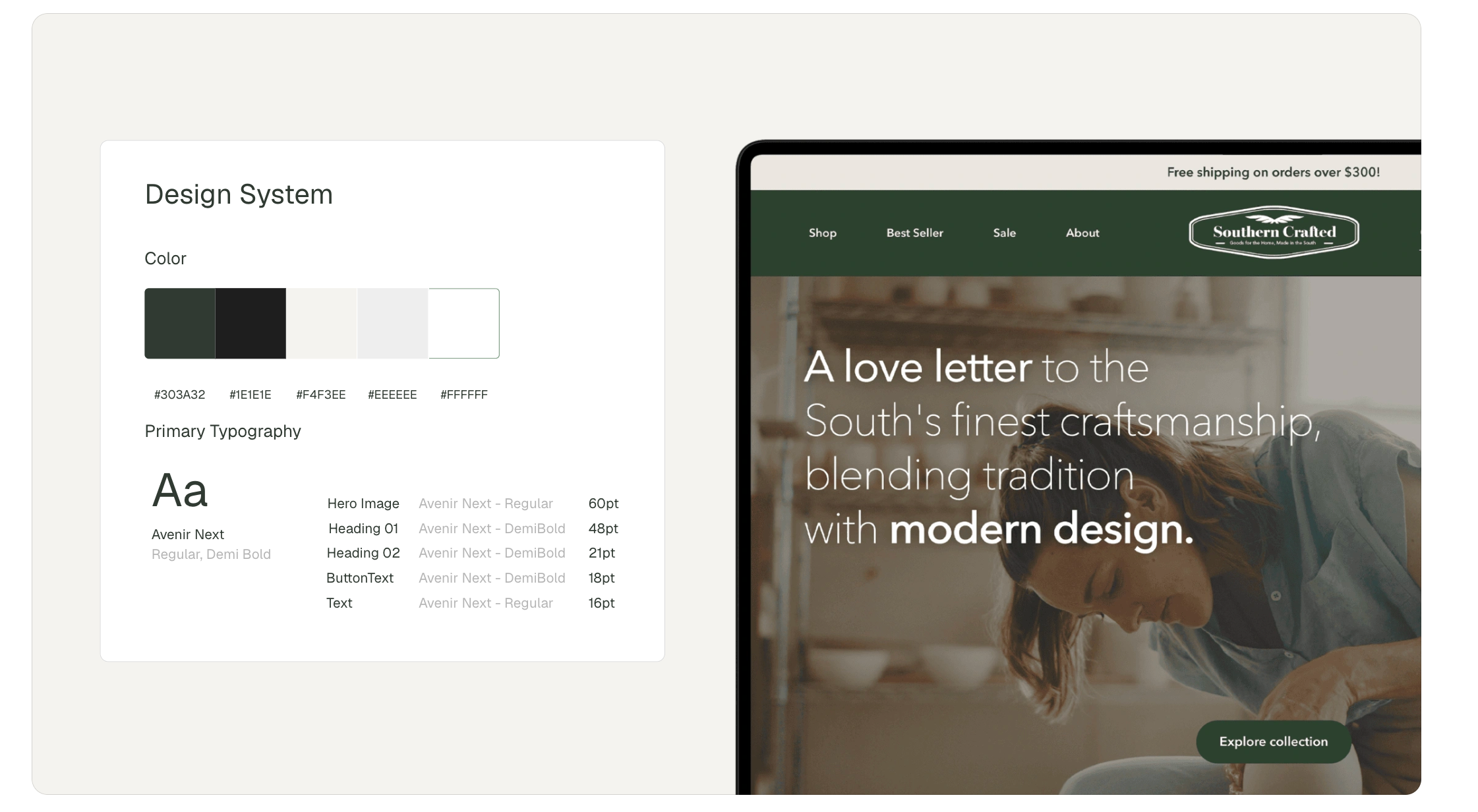 Original Southern Crafted design system composition: the color palette and Avenir Next typography on the left, with the redesigned homepage shown on the right