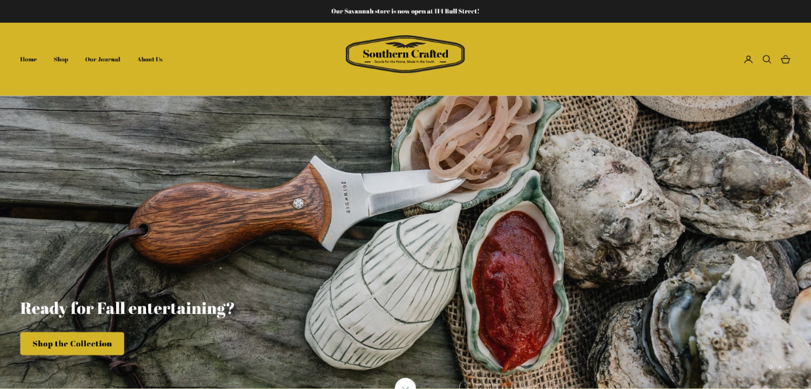 Original Southern Crafted homepage hero: oyster imagery and a yellow navigation bar