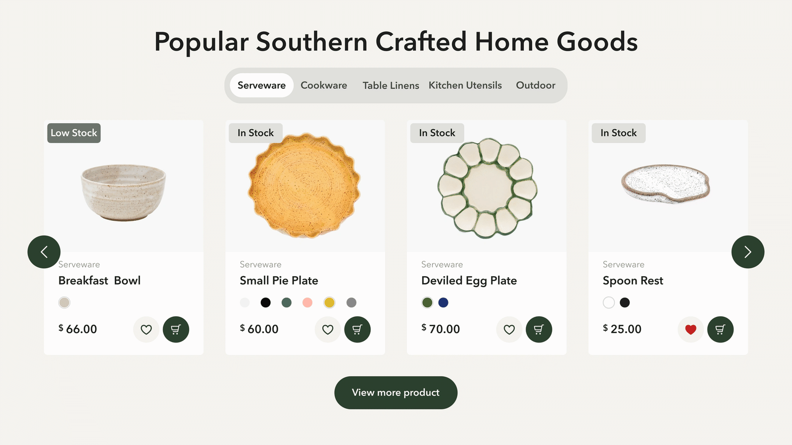 Looping demonstration of product cards revealing lifestyle photos, while prices, color options, and stock status remain visible