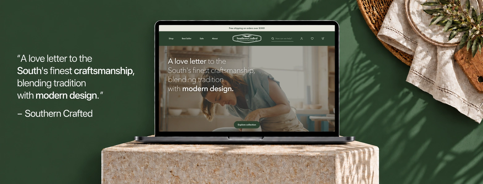 Southern Crafted homepage displayed on a laptop beside the brand statement