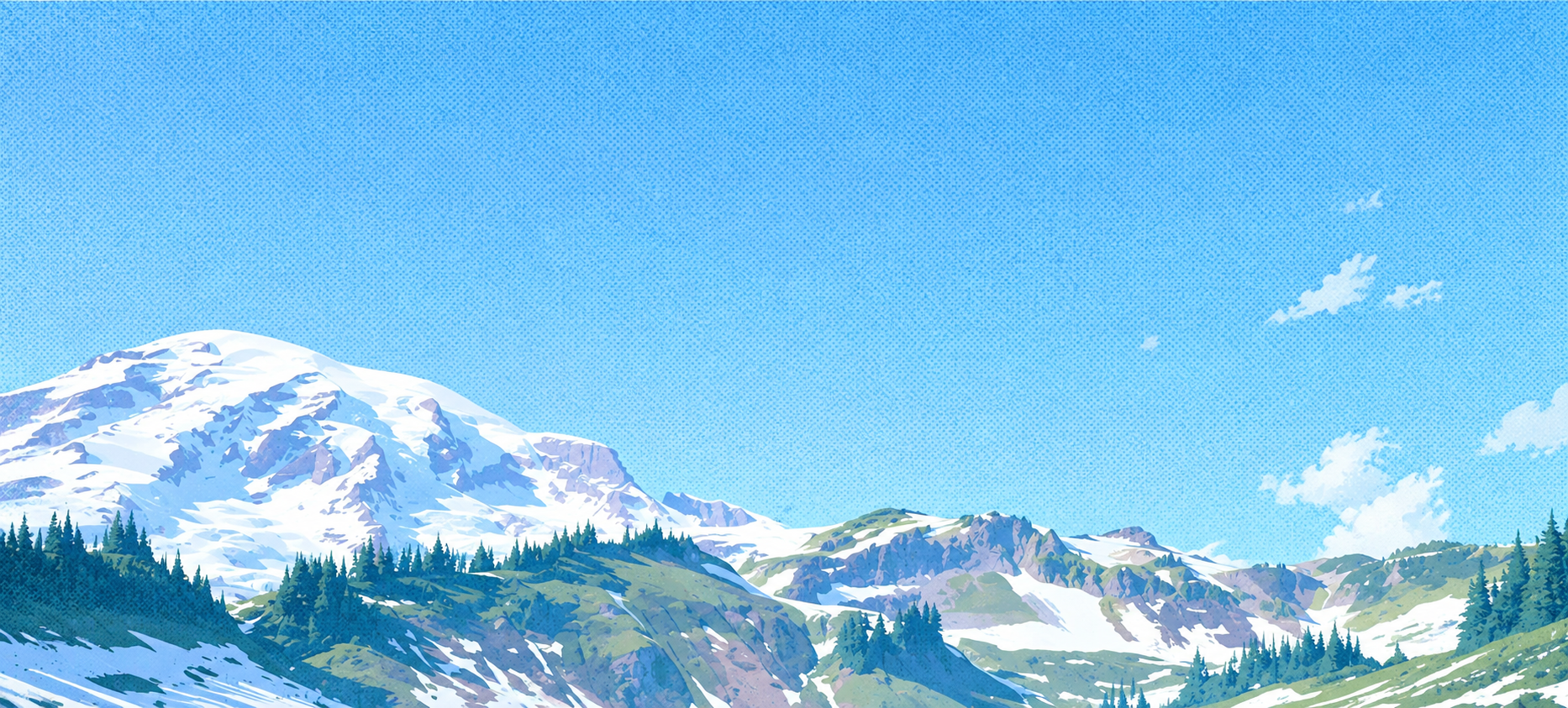 Illustrated snow-capped mountains and evergreen forests beneath a textured blue sky