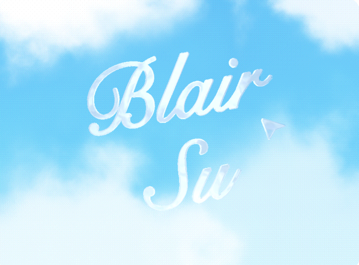 Blair Su glass lettering floating in a blue sky