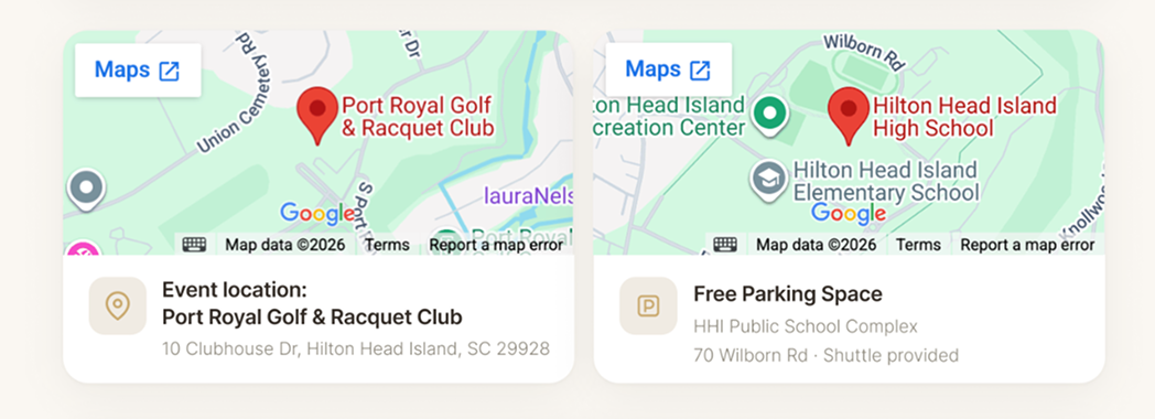 First version: two similar Google Maps thumbnails above the event location and free parking information